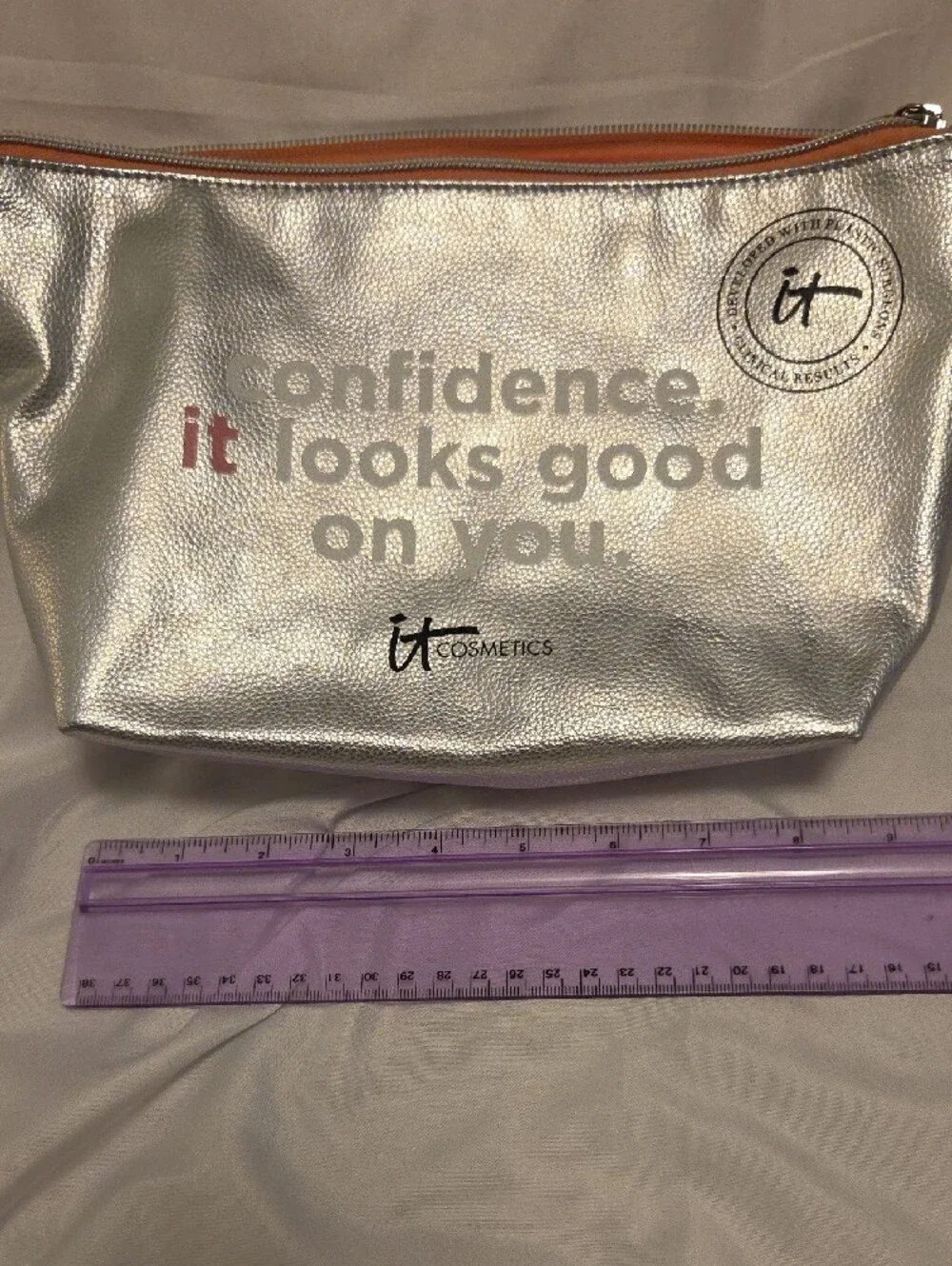 it cosmetics Silver Cosmetic Pouch with Pink Trim